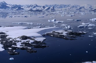 ANTARCTICA, Argentine Islands, Aerial view of the islands and ice flows