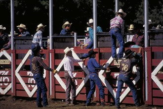USA, South Dakota, Deadwood, Cowboys by the stalls of the Days Of 76 rodeo arena waiting to release