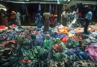 SRI LANKA, Kandy, Black market smuggled fabrics and goods on sale in market