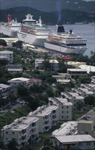 WEST INDIES, US Virgin Islands, St Thomas, View over the harbour with moored cruise liner.