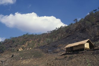 Myanmar, Farming, Slash and burn country with small wooden huts in cleared forest area