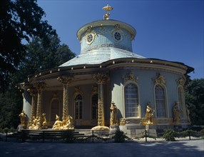 GERMANY, Potsdam, Sanssouci, Chinese Tea House. Green and gold clover leaf shaped house