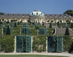 GERMANY, Potsdam, Sanssouci, The parterre with vines climbing the rows of fences and steps leading