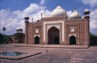 INDIA, Uttar Pradesh, Agra, "Red sandstone gateway in interior forecourt of Taj Mahal decorated