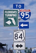 USA, Florida, Transport, Traffic road sign with Floridas Turnpike and Interstate 95