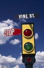USA, Florida , Orlando, Universal studios. Old style traffic lights and Vine Street stop sign