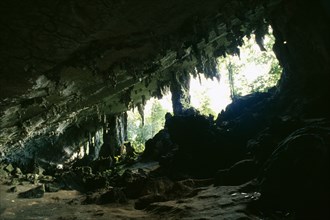 MALAYSIA, Sarawak, Niah Caves, View from rocky interior with hanging stalactites looking toward