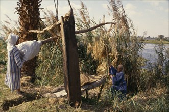 EGYPT, Nile Valley, Luxor , Man and boy working a Shaduf to irrigate a field