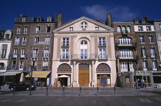 FRANCE, Normandy, Dieppe , The facade of a restored building in a row of shops.
