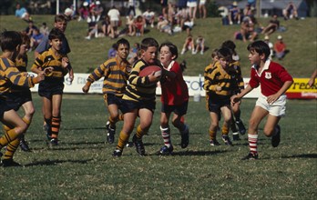 10125550 SPORT  Ball Games Rugby Young boys playing game of rugby. Australia. Warringham Rugby park
