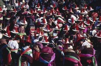 CHINA , Qinghai, Tongren , View over mass of Tibetan dancers at a Tibetan Festival
