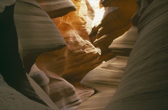 USA, Utah, Lower Antelope Canyon, Canyon walls eroded into curved shapes.