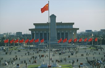 CHINA, Hebei, Beijing, Tiananmen Square with red communist flags.