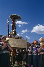 PERU, Cusco Department, Cusco, Emperor Pachacuti being carried in a golden throne at Inti Raymi.