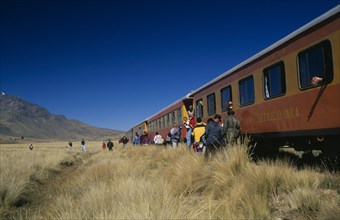 PERU, Puno Administrative Department, La Raya, Train stopped on the altiplano at the highest pass