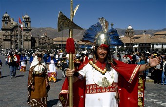 PERU, Cusco Department, Cusco, Group in traditional costume at Inti Raymi.