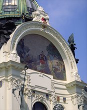 CZECH REPUBLIC, Stredocesky , Prague, Municipal House.  Detail of domed roof and art nouveau