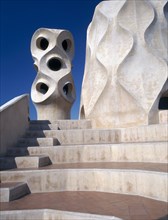 SPAIN, Catalonia, Barcelona, "La Pedrera.  Gaudi architecture, carved chimney pots and curved steps