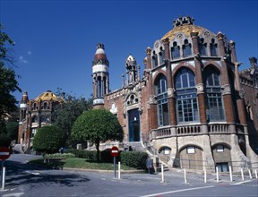 SPAIN, Catalonia, Barcelona, Hospital de Sant Pau designed by Domenech I Montaner.  Ornate facade