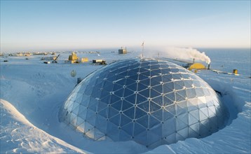ANTARCTICA, South Pole, The geodesic dome exterior which covers essential buildings at the US