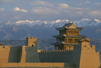 CHINA, Gansu, Jiayuguan, The fortress at the western end of the Great Wall with snow capped
