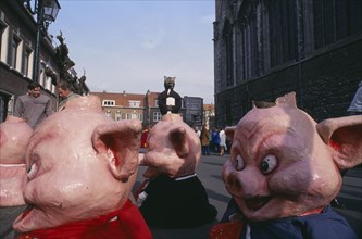 BELGIUM, Brabant, Brussels, "Woluwe St. Lambert, Spring Festival.  Figures depicting pigs and a fox