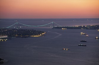 USA, New York State, New York, Aerial view of the sea approaches to the city and the Verrazano