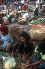 CAMBODIA, Phnom Penh, Women selling vegetables in an outdoor market.
