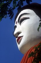 MYANMAR, Pegu, "Detail of white face of Buddha statue in threequarter profile left, viewed from