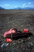 CAMBODIA, Work, Unexploded mine in a field on the Vietnamese border north west of Tinh Bien.  UN