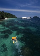 MALAYSIA, Kedah, Langkawi, Pulau Paya marine national park with two tourists snorkling above the