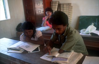EDUCATION, Reading, Classroom, Students reading at their desk during literacy classes in Cambodia.