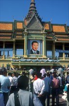 CAMBODIA, Phnom Pehn, Sihanouk addressing crowds at the Royal Palace.