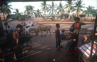 CAMBODIA, Pursat, "Railway station.  People waiting beside the tracks, stalls and cow."