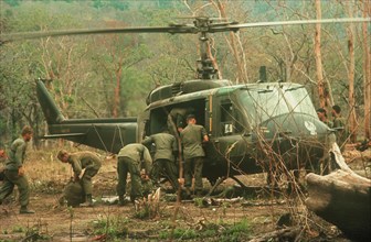 VIETNAM, Chu Phong Mountain, First Air Cavalry reconaissance with Huey helicopter.