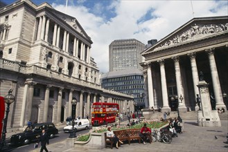 ENGLAND, London, The Royal Exchange and Bank of England buildings.  Exterior view with people and