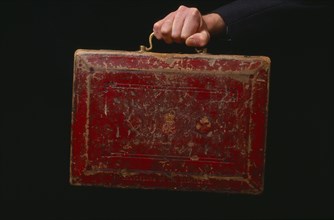INDUSTRY, Business, Finance, Hand holding the old red leather Budget briefcase