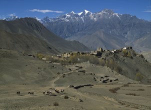 NEPAL, Annapurna Region, Jharkot, View over high altitude desert towards ruined fort and town near