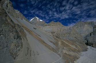 NEPAL, Annapurna Region, View over mountain landscape around the Jhargeng khola river valley and