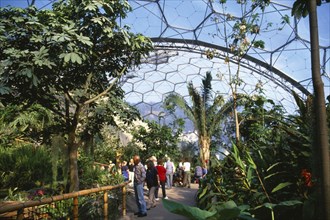 ENGLAND, Cornwall, St. Austell, "Eden Project.  Humid Tropics Biome interior, visitors on pathway