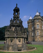 SCOTLAND, Lothian, Edinburgh, "Holyrood Palace, part view of western exterior with ornate carved,