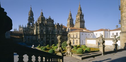 SPAIN, Castilla Y Leon, Leon, "Cathedral, gothic exterior and spires partly seen above roof tops,