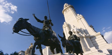 SPAIN, Madrid State, Madrid, "Plaza de Espana.  Angled view of the statues of Miguel de Cervantes