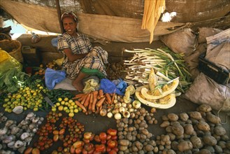 ETHIOPIA, Harerge Province, Harer, Market outside the city walls.  Female vendor sitting behind