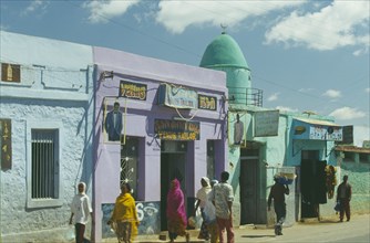 ETHIOPIA, Harerge Province, Harer, Mosque painted turquoise with domed roof situated between two
