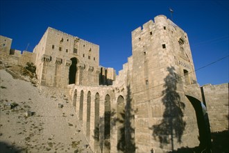 SYRIA, North, Halab, The Citadel entrance bridge and monumental gateway.