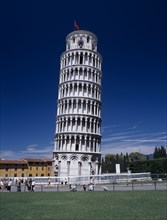 ITALY, Tuscany, Pisa, The Leaning Tower with barriers around base while restoration work is carried