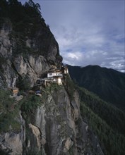 BHUTAN, Paro Valley, Taktshang Monastery, View of monastery situated high on cliff face.