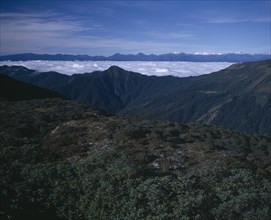 BHUTAN, Simkota Tsho, View from above towards mountain peaks.