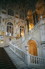 RUSSIA, St. Petersburg, The Winter Palace of the Hermitage Museum.  Detail of the Jordan Staircase